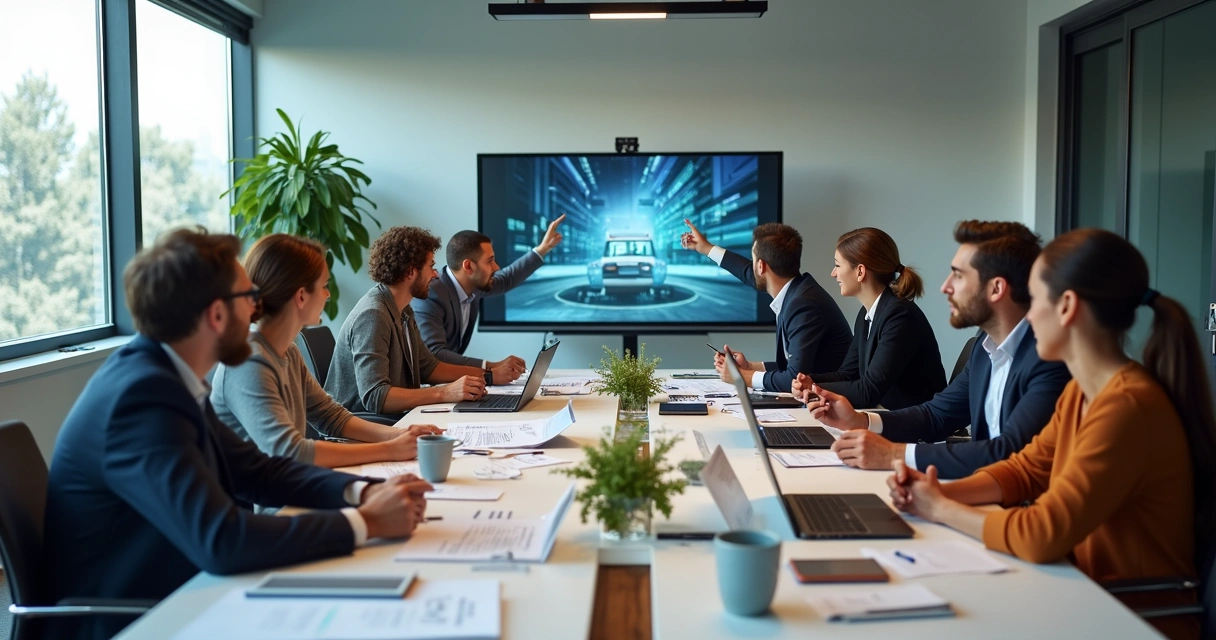 Reunião de briefing em sala moderna com equipe discutindo roteiro e conceitos para vídeo publicitário 