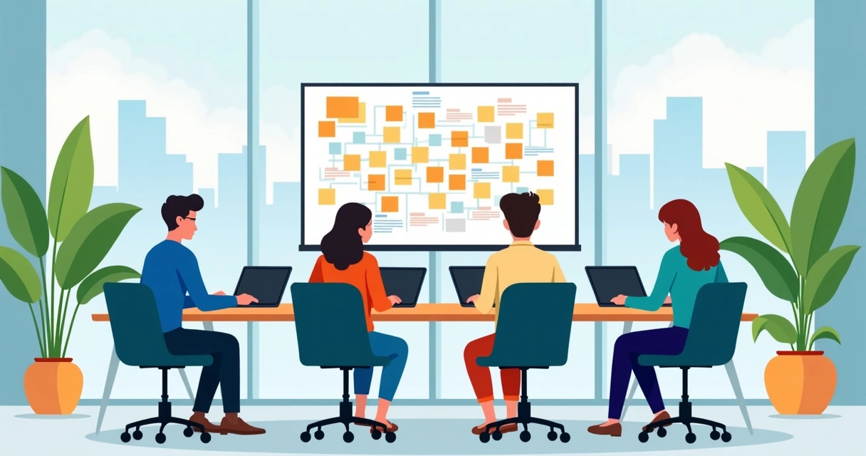 Equipe reunida em sala de reunião pensando estratégias 