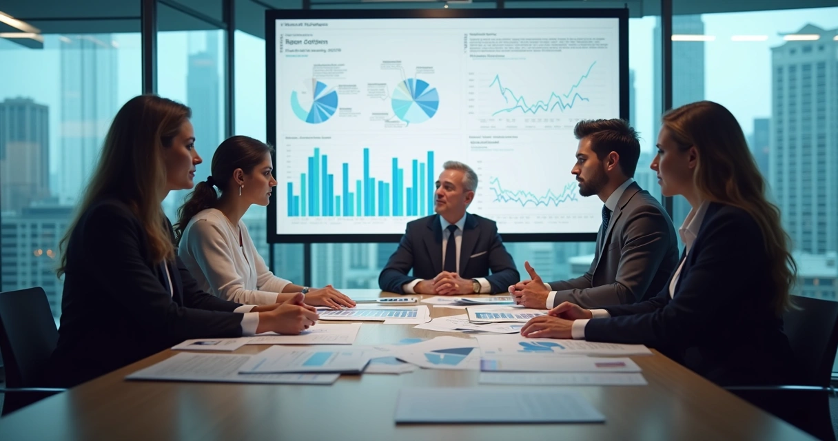 Equipe de negócios em reunião analisando gráficos em sala moderna 