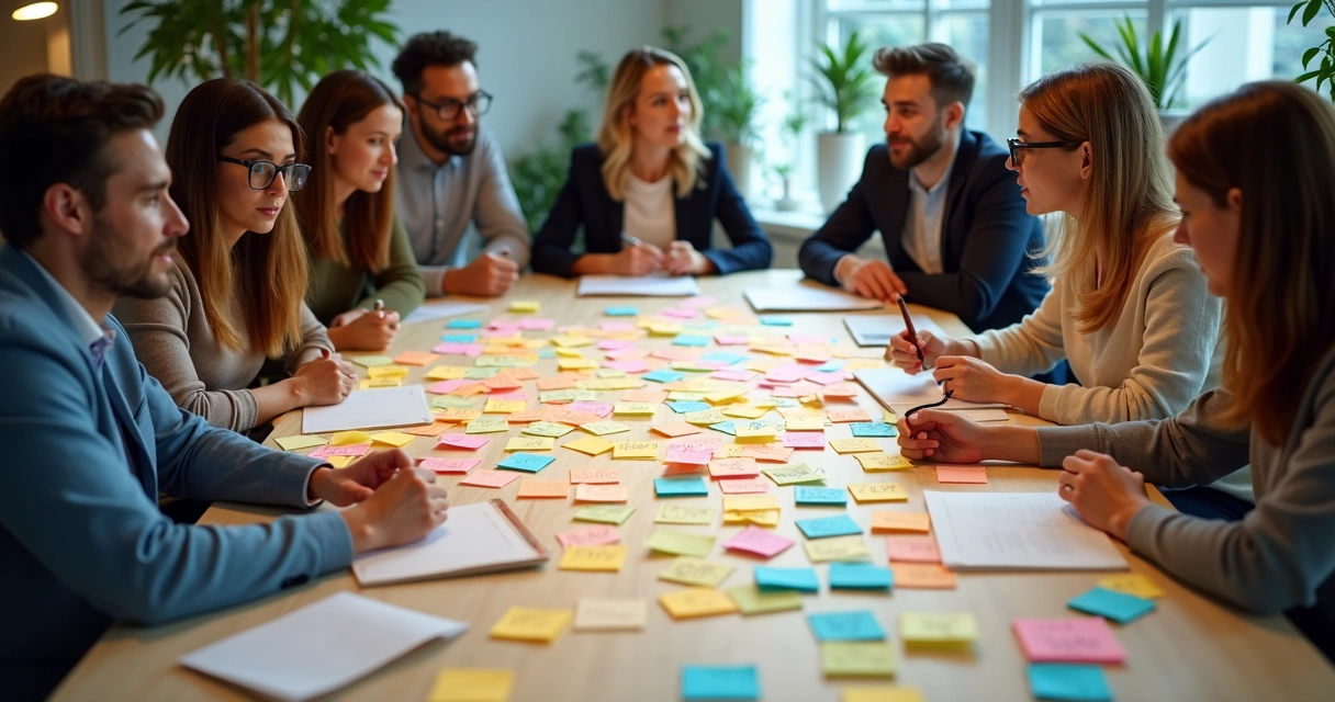 Equipe reunida em volta de espiral feita com notas coloridas, colaborando em ideias 