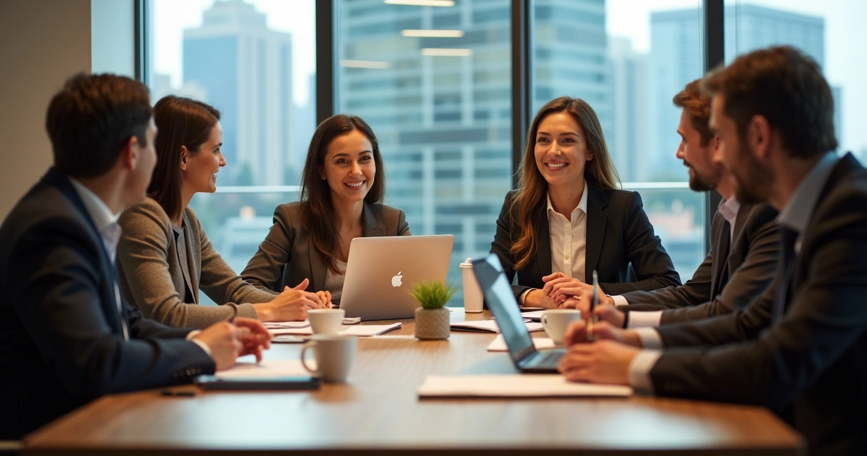 Equipe sentada ao redor de mesa em reunião, cadernos e copos de café sobre a mesa 