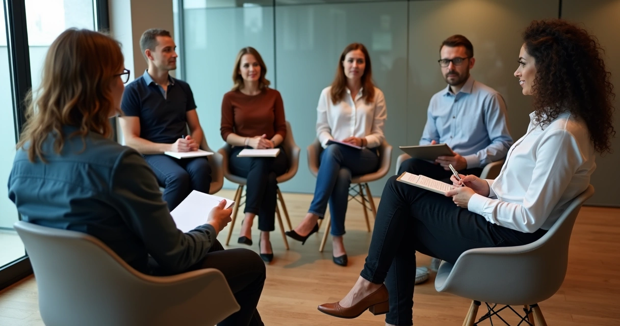 Reunião de equipe sentados em círculo discutindo juntos 