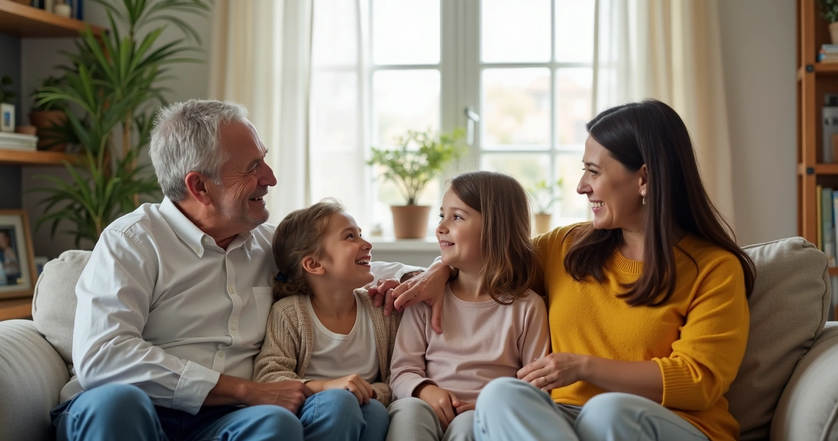 Reunião de família no sofá com todos ouvindo atentamente uns aos outros 