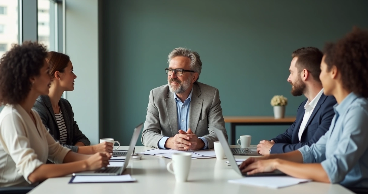 Líder e equipe sentados ao redor de mesa prestando atenção à fala de um colaborador