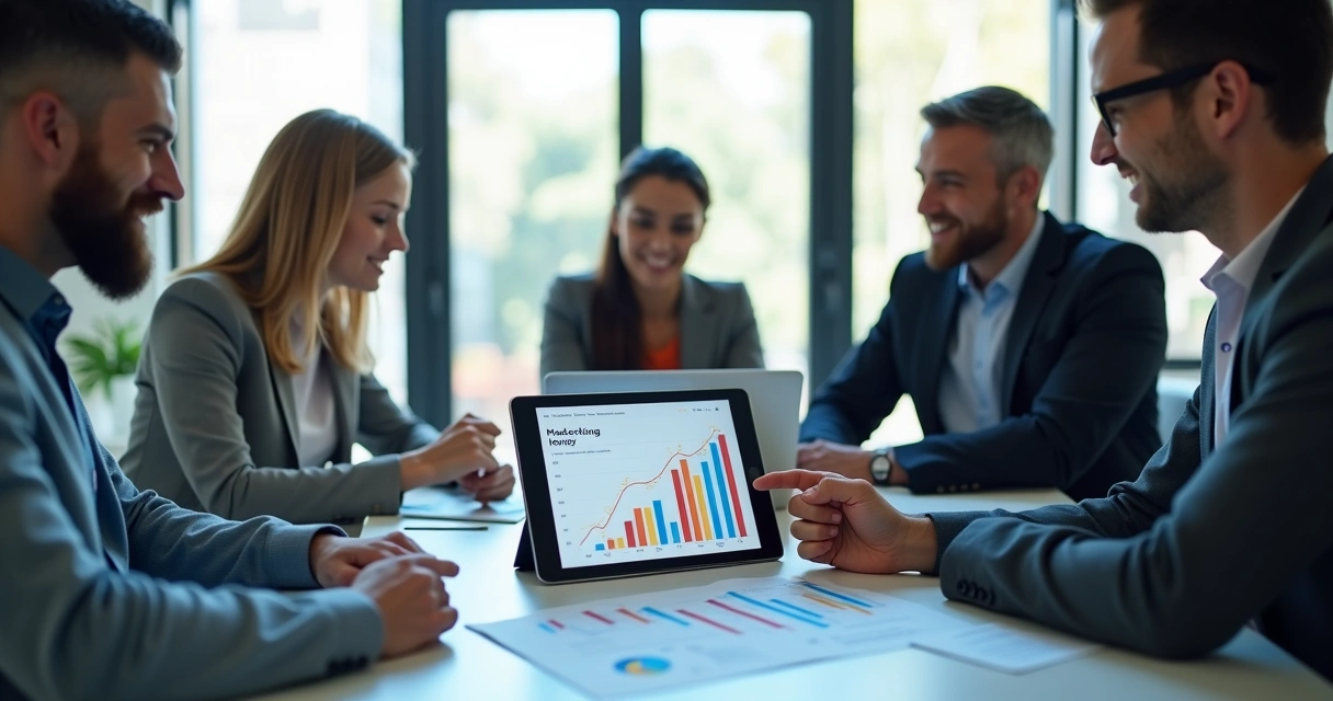 Equipe em reunião de marketing analisando gráficos 