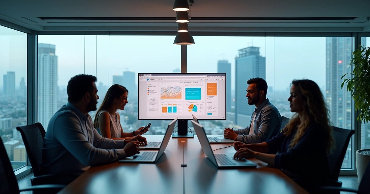 Equipe de marketing reunida em sala de reunião moderna em Canoas 