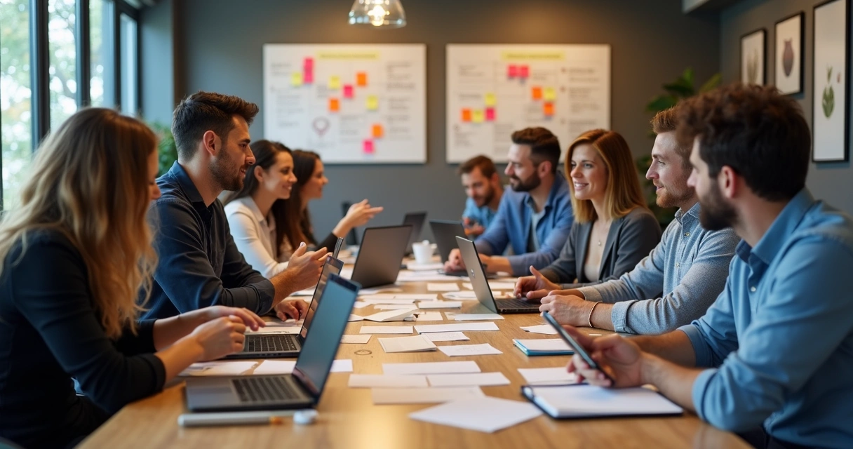 Equipe reunida em torno de mesa planejando stories para clínica 