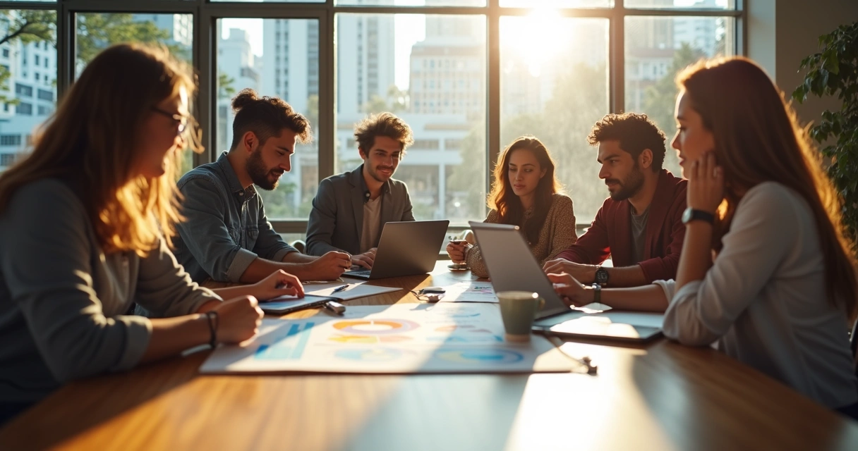 Equipe multietnica reunida discutindo estratégias de marketing em escritório moderno 