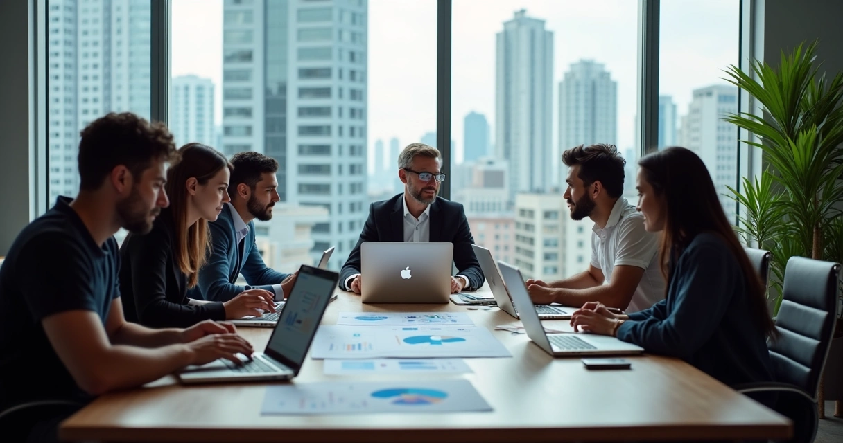 Reunião de equipe de marketing em escritório moderno de Sete Lagoas 