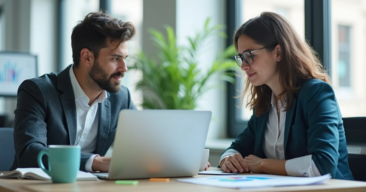 Mentor orientando estagiária em reunião de trabalho 