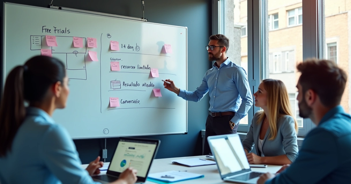 Equipe de negócios discutindo estratégias em quadro branco. 