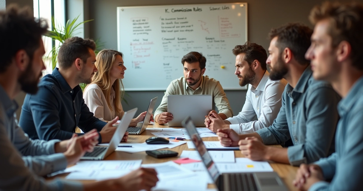 Equipe de pequena empresa reunida discutindo cálculos de comissões
