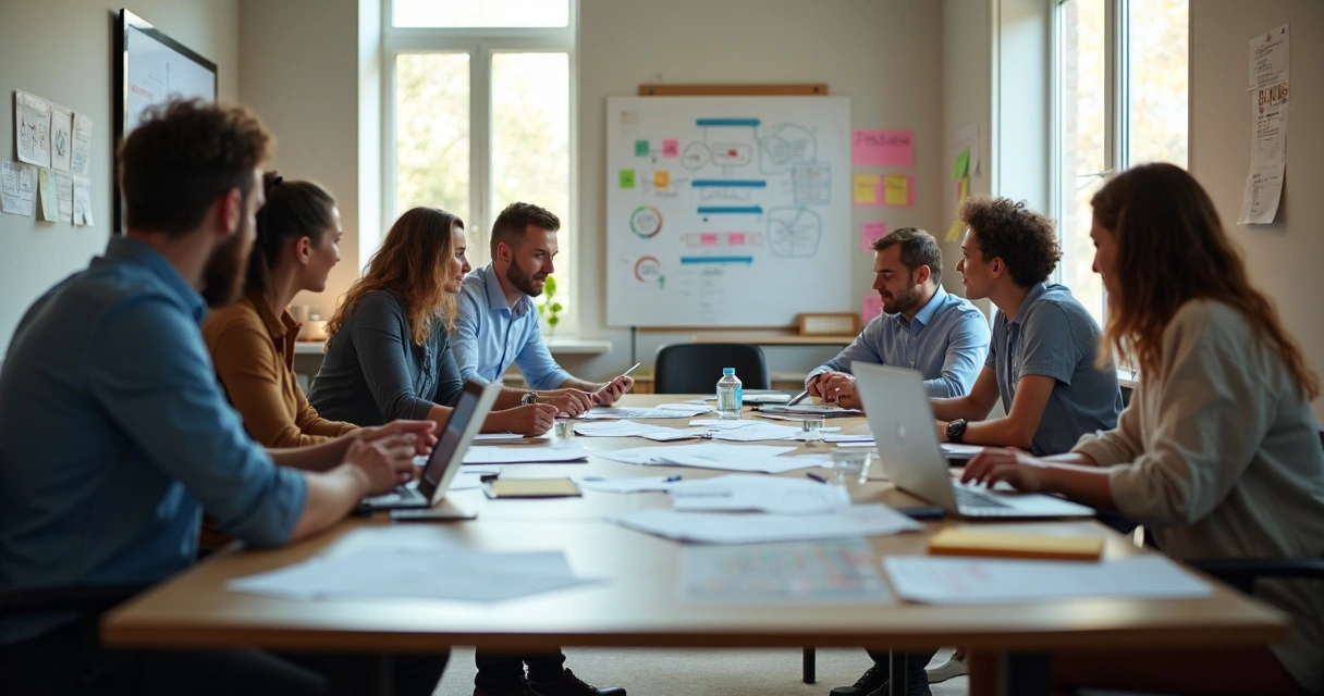 Equipe reunida ao redor de uma mesa discutindo estratégias de mudança 