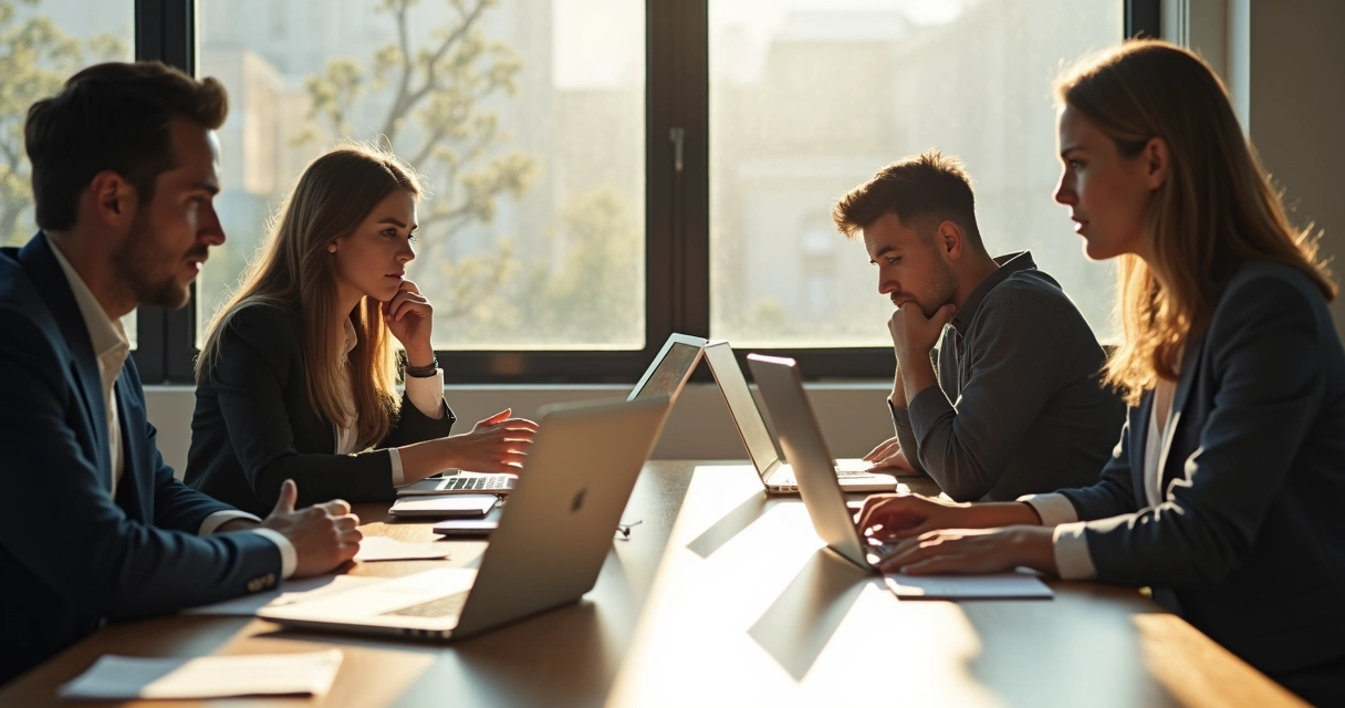Quatro pessoas em uma reunião de trabalho, uma delas olhando para baixo com expressão pensativa enquanto os outros conversam 