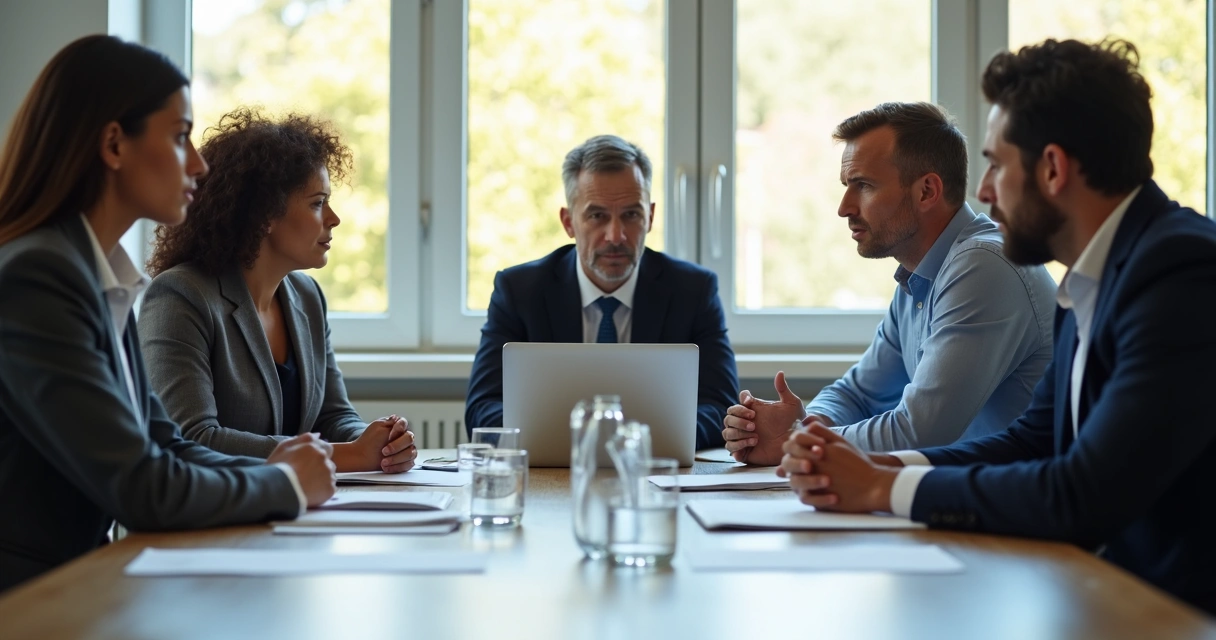 Equipe reunida em mesa de reunião, duas pessoas com expressão de desconforto.