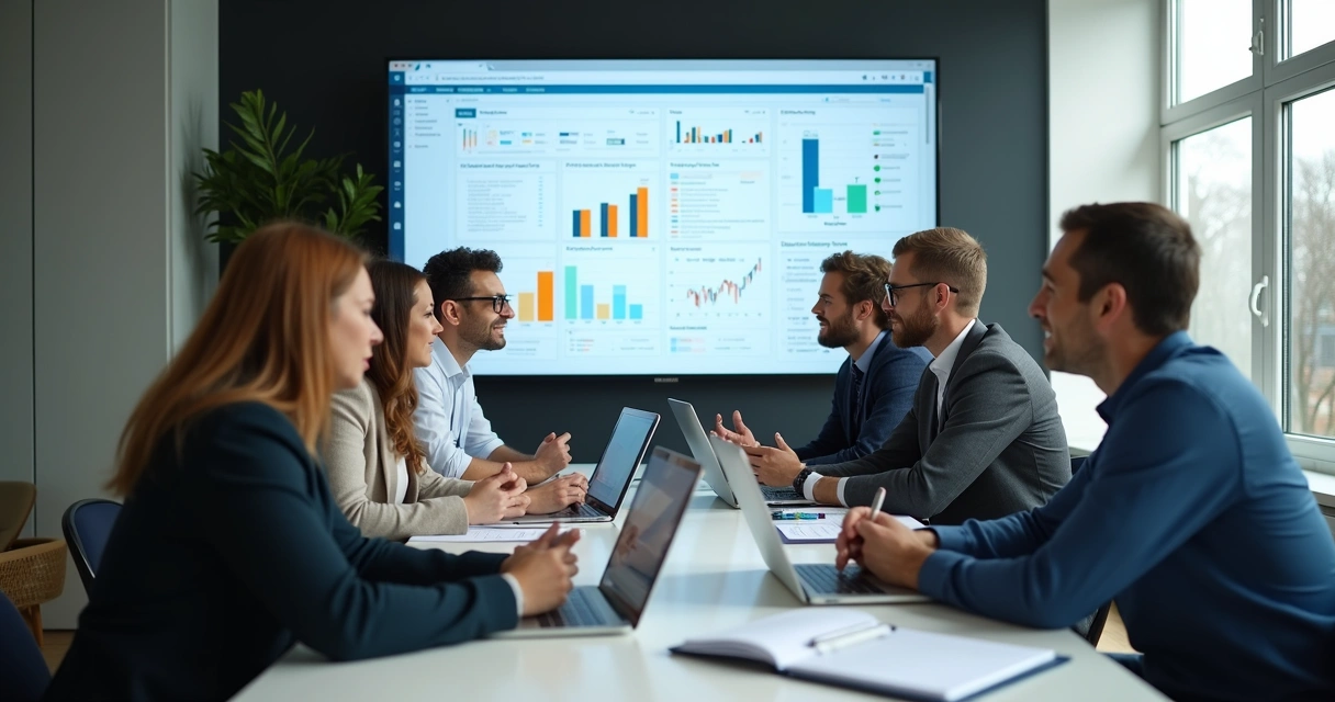 Equipe de vendas avaliando playbook em reunião na empresa