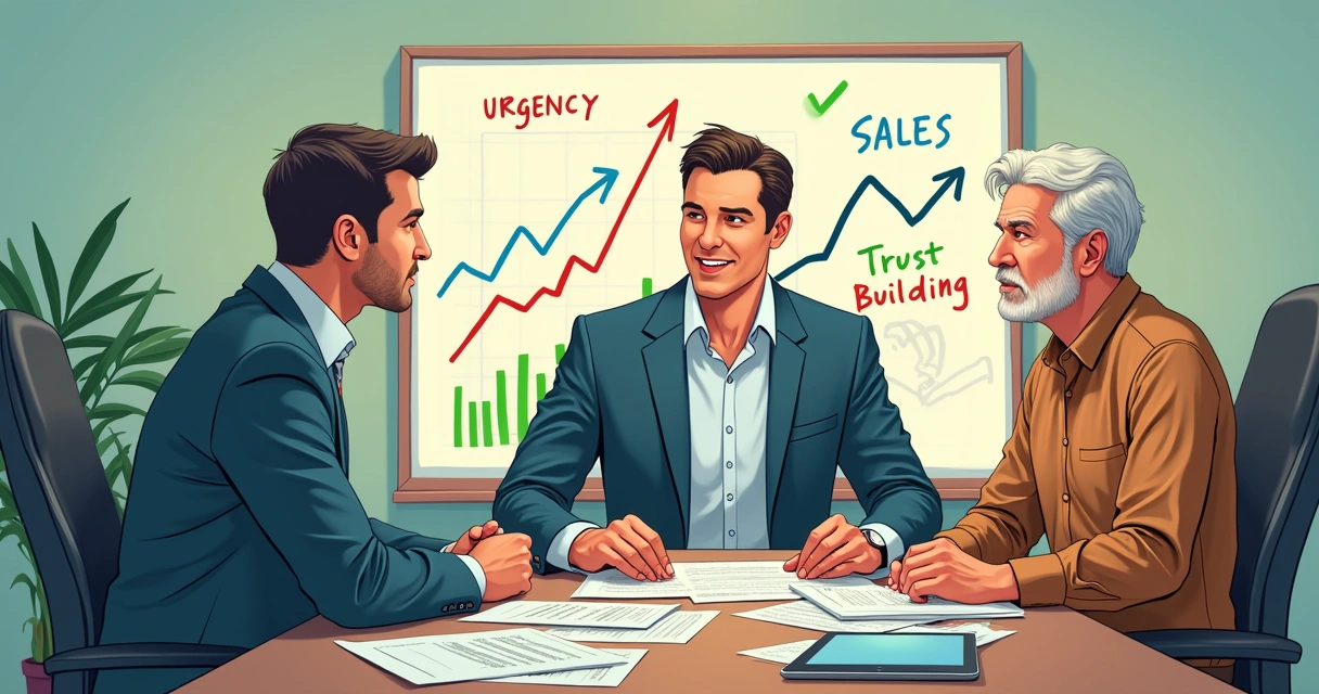 Reunião de vendas com Closer Digital interagindo com um cliente em uma mesa moderna, gráficos e documentos ao redor.