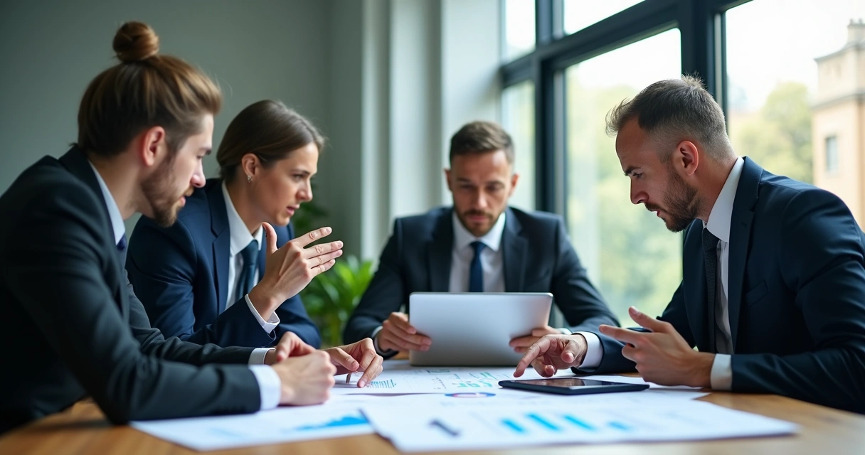 Profissionais em reunião analisando dados rapidamente