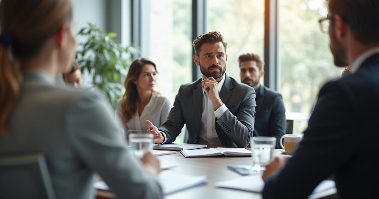 Pessoa refletindo antes de falar em reunião de trabalho 