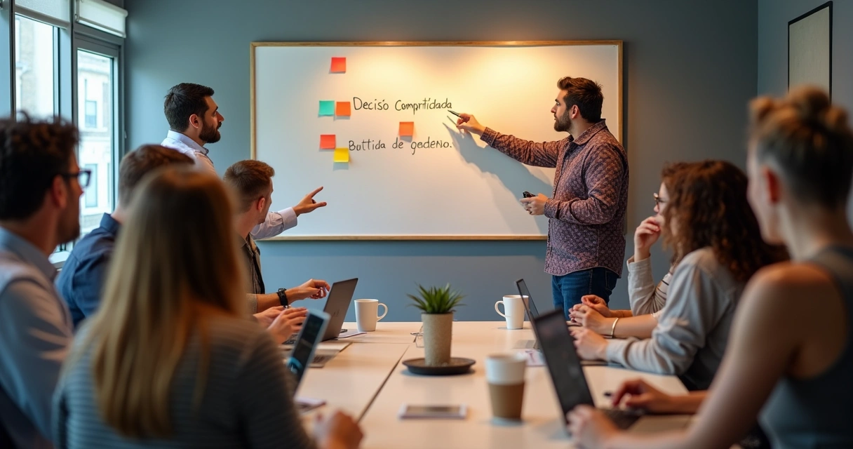 Reunião de equipe com decisão colaborativa anotada em um quadro branco. 
