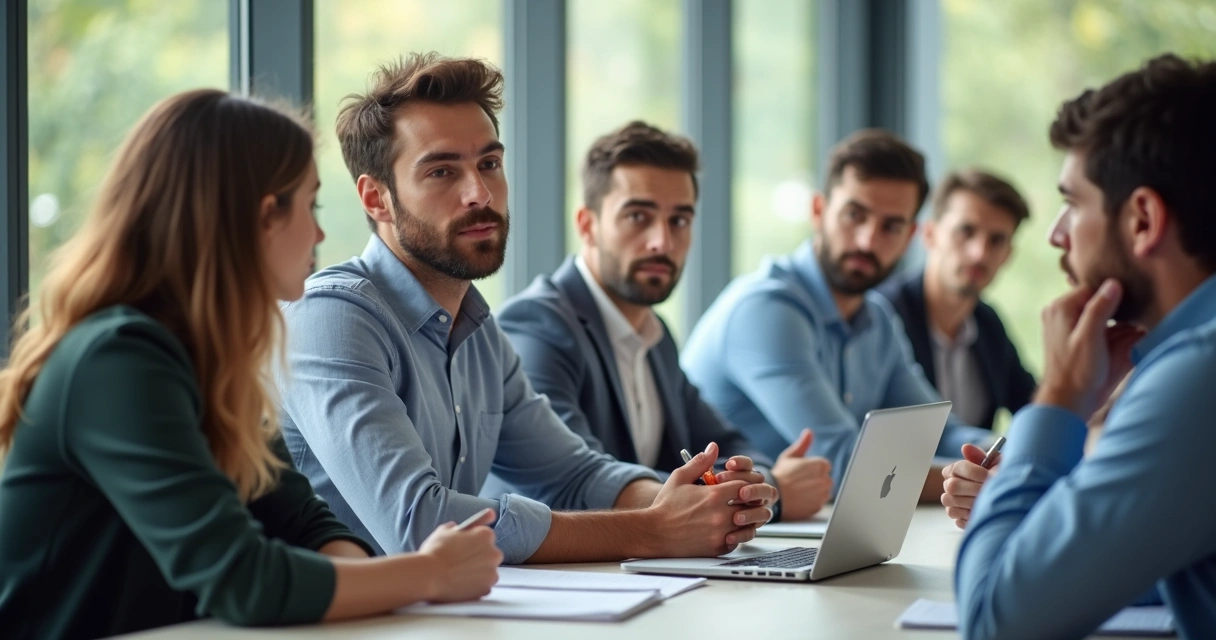 Grupo de pessoas sentadas à mesa em reunião olhando atentamente uns para os outros