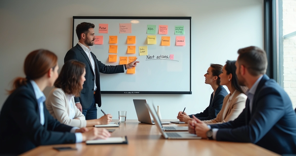 Equipe em reunião observando quadro com opções e prioridades 
