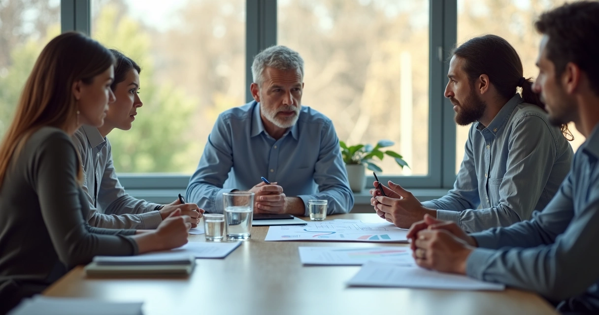 Grupo em reunião observando dados e conversando 