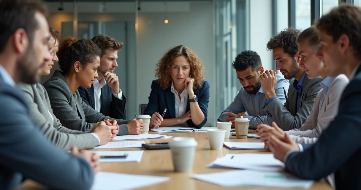 Pessoas sentadas em uma mesa de reunião, algumas visivelmente tensas olhando para baixo, outras demonstrando dúvida 