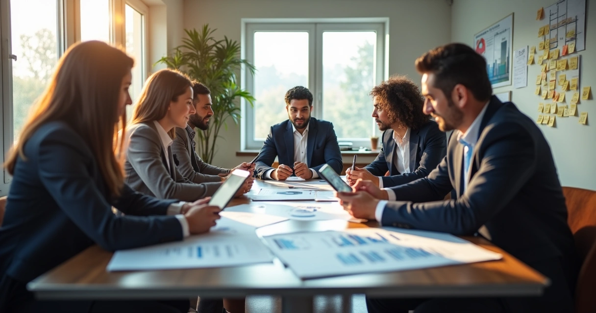 Pessoas reunidas em sala de reuniões discutindo gráficos na mesa 