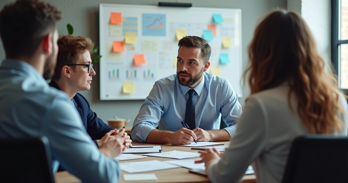 Empresário liderando reunião e avaliando projetos apresentados pelo time 