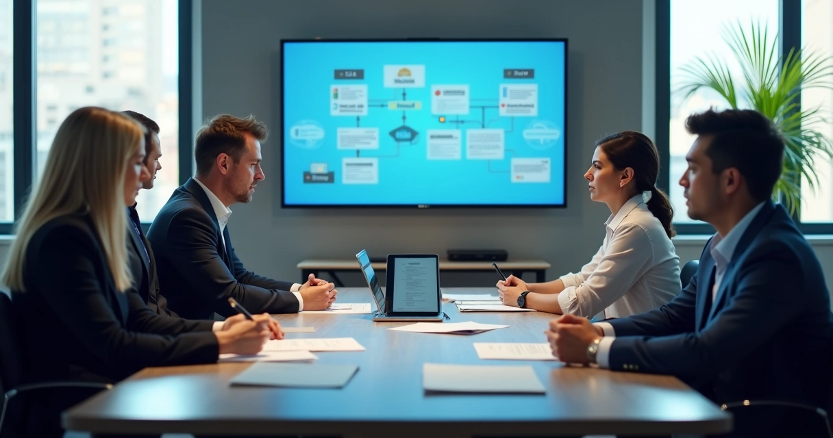 Equipe em reunião analisando opções em uma mesa digital 