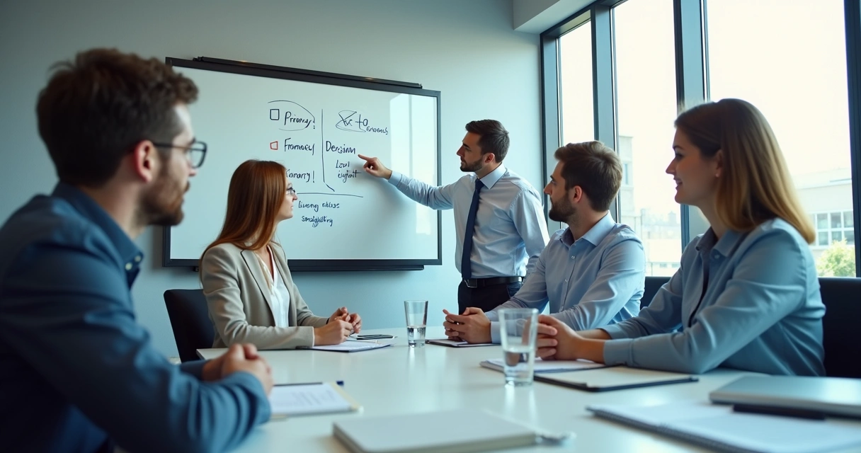 Equipe em reunião observando quadro com prioridades 