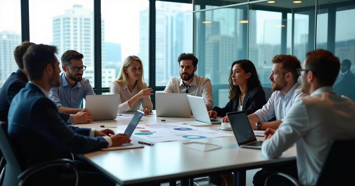 Equipe reunida em volta de mesa debatendo estratégia empresarial