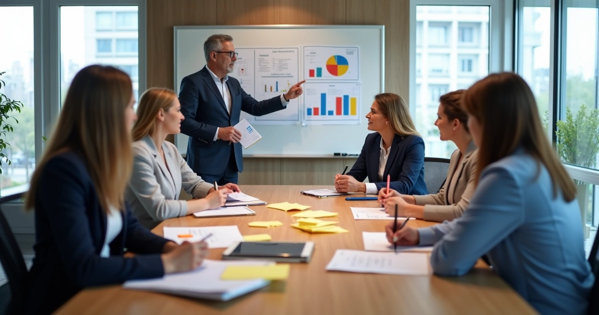 Equipe reunida analisando opções em uma mesa de reunião 
