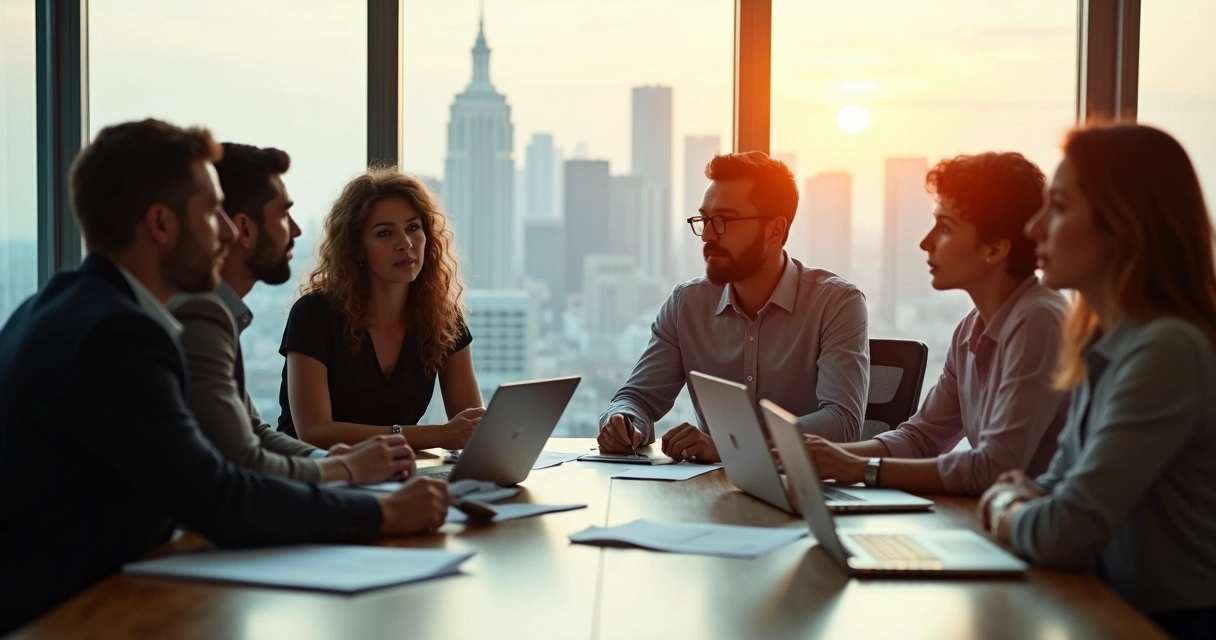 Equipe reunida ao redor de uma mesa discutindo decisões profissionais 