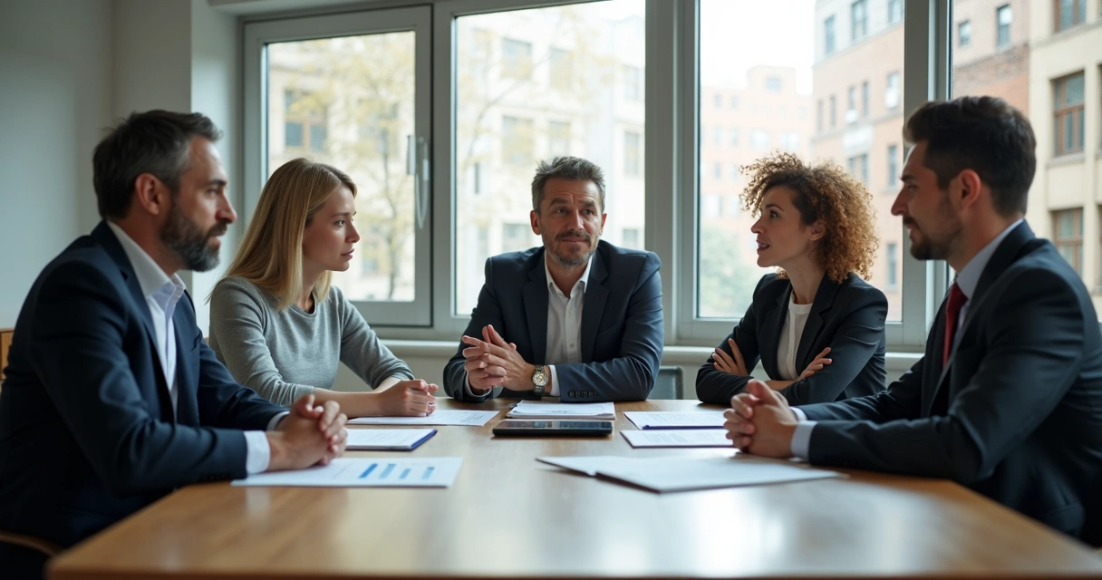 Reunião corporativa com líderes analisando dados e expressões atentas 