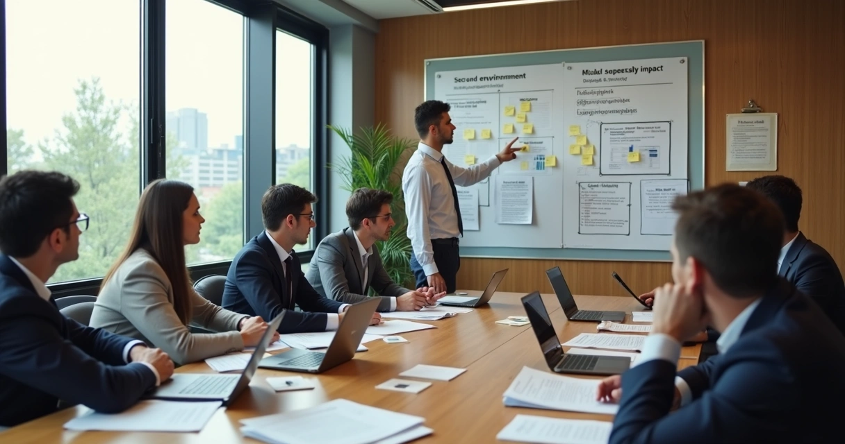 Equipe em reunião avaliando dados e impactos humanos