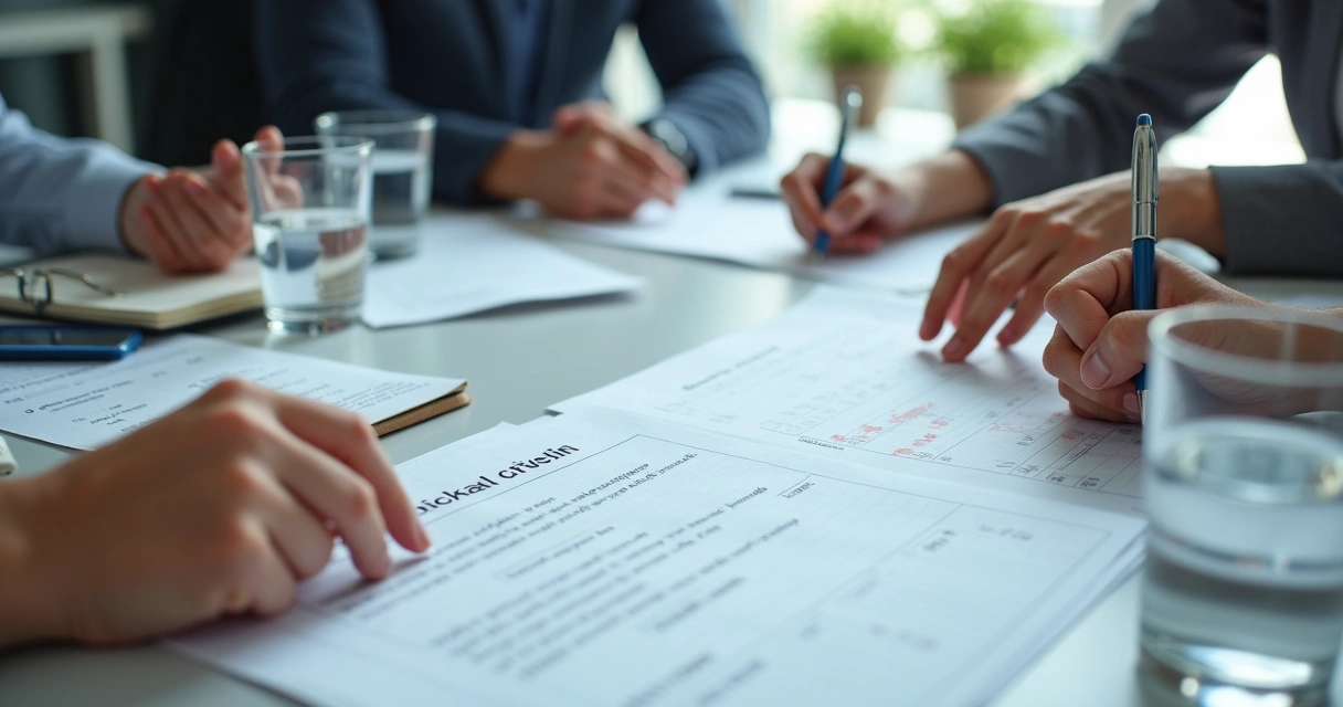 Mesa de reunião com checklist ético e anotações