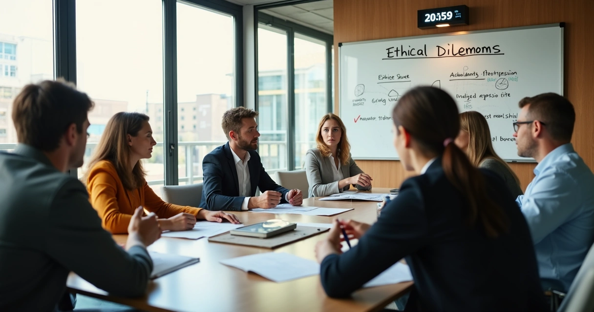 Pessoas reunidas discutindo dilemas éticos. 
