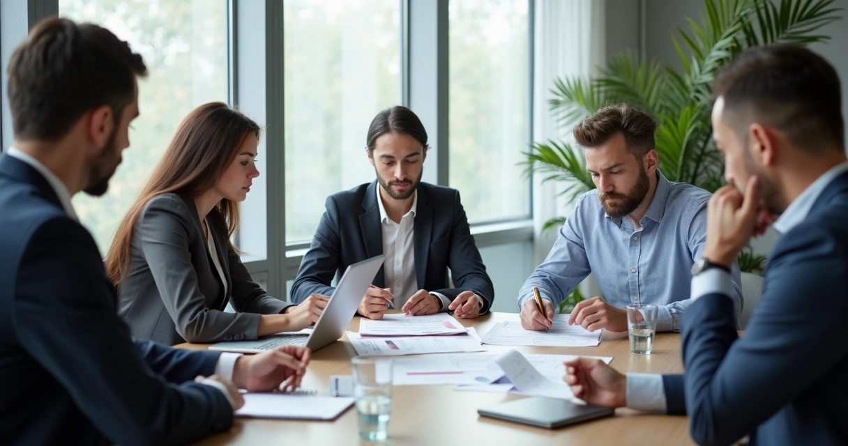 Equipe em reunião avaliando uma decisão ética no escritório