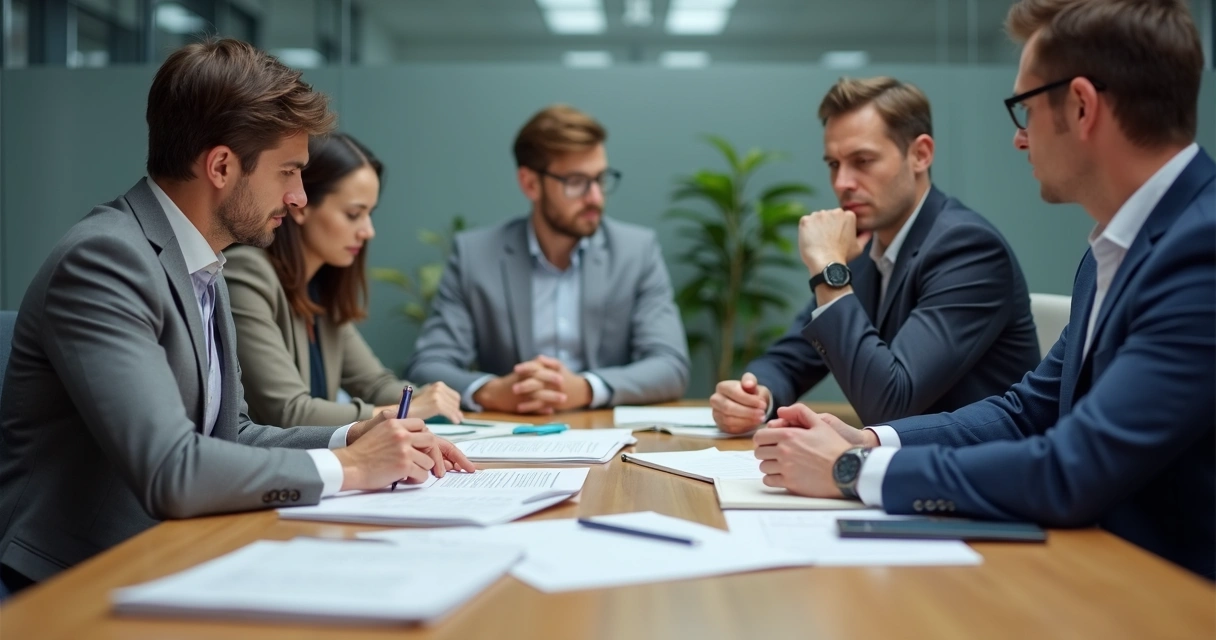 Equipe em reunião diante de decisão difícil 