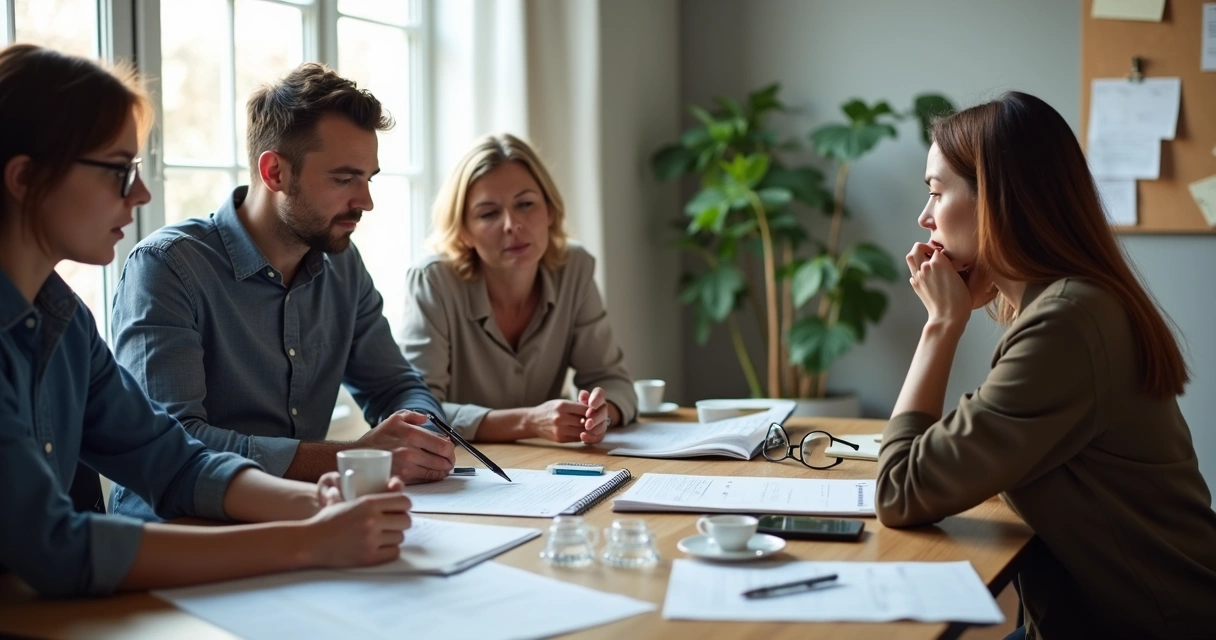 Grupo em reunião observando escolha ética no trabalho