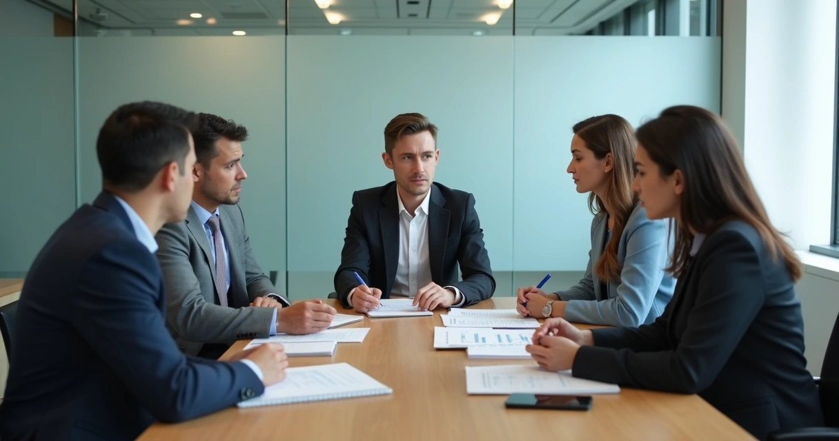 Reunião profissional com tensão em decisão ética