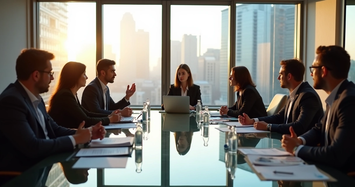 Mesa de reunião com pessoas debatendo opções éticas 