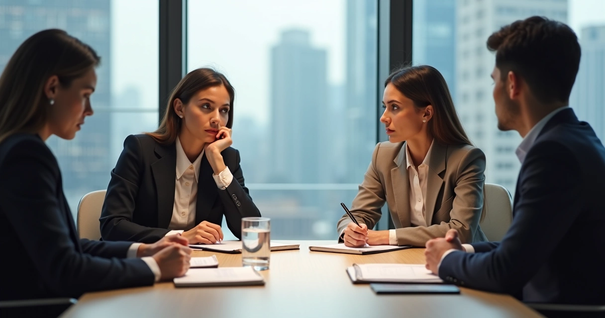 Equipe em reunião analisando decisão com calma