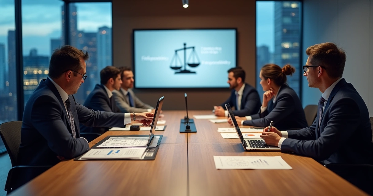 Executivos em reunião discutindo decisão difícil com foco em ética 
