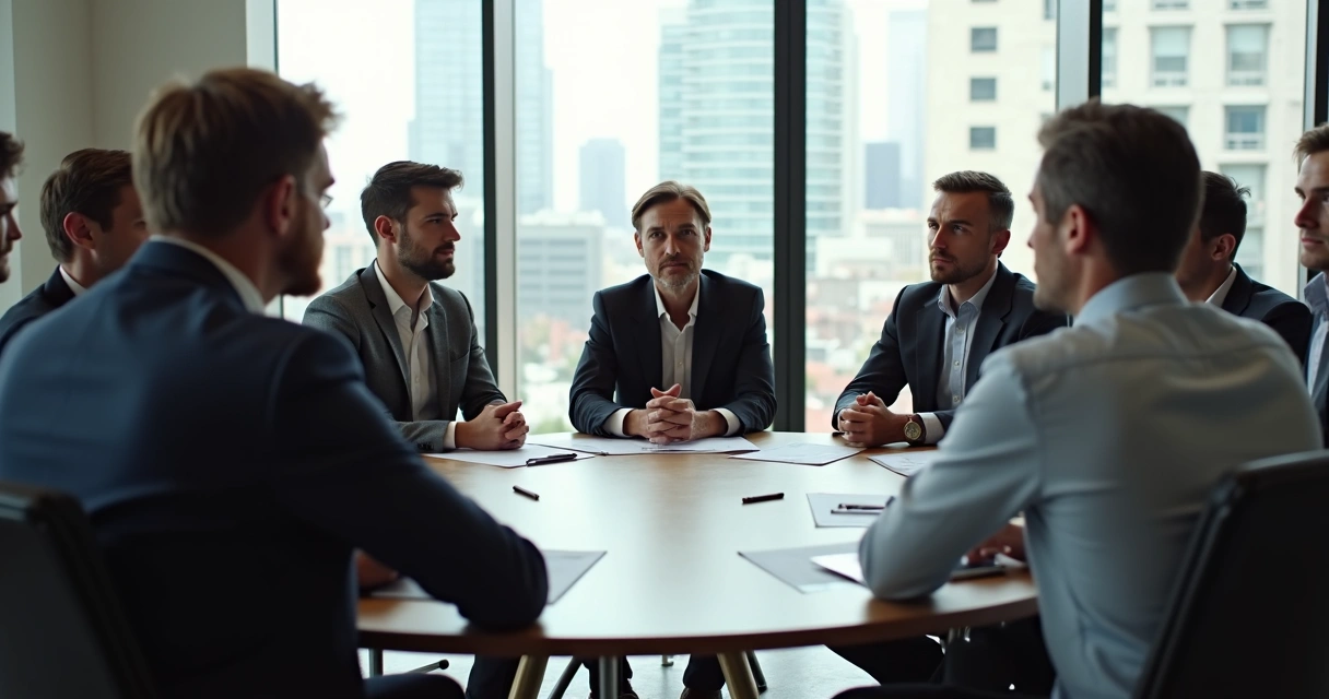Roda de conversa entre funcionários em sala de reunião 