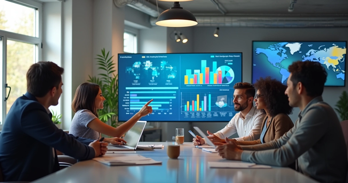 Equipe discutindo projeções financeiras com IA 
