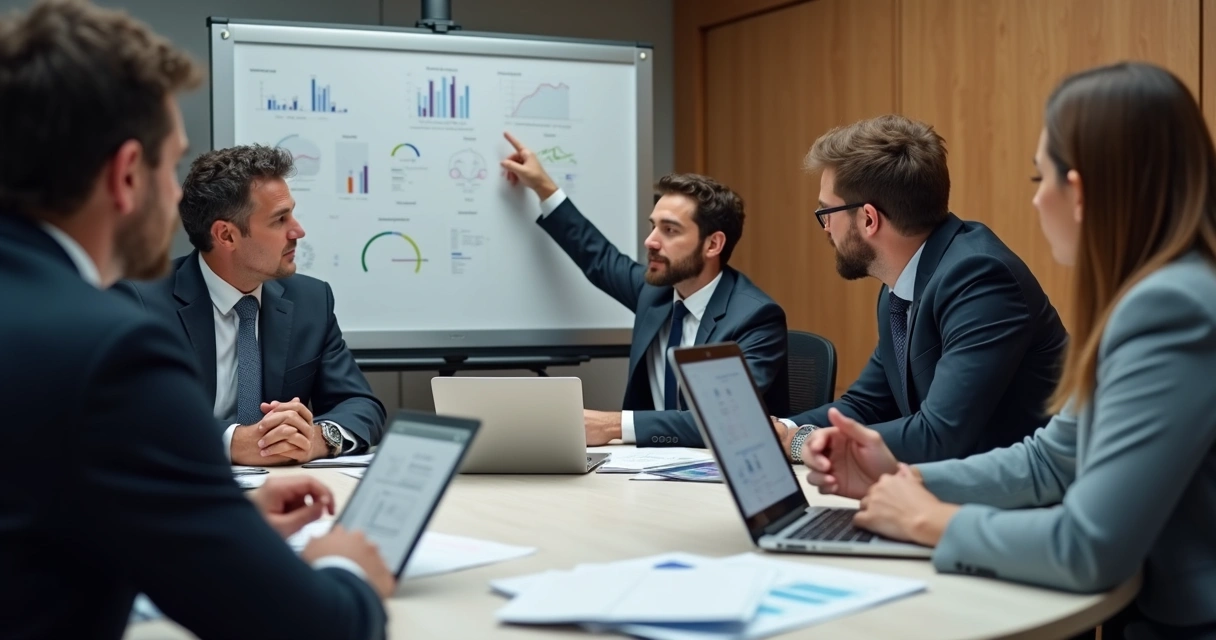 Reunião de equipe discutindo decisões em ambiente corporativo 
