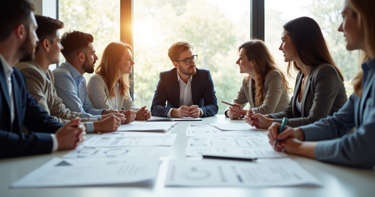 Pessoa refletindo em reunião analisando anotações sobre decisões 